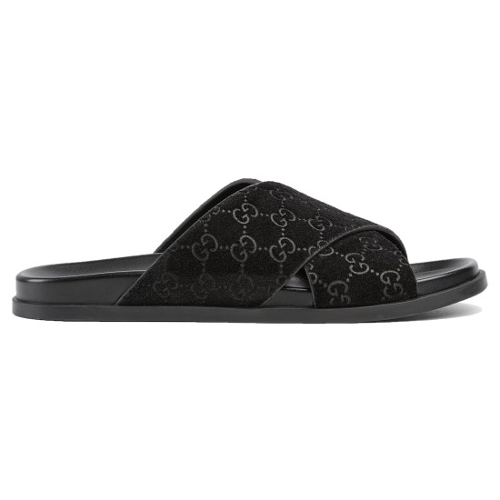 Gucci Black Slide Sandals Lateral Profile Side profile of black suede Gucci slide sandals showing cross straps and sole