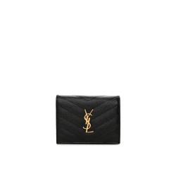 Compact Tri-Fold Gold Ysl Wallet In Black Grained Leather Uk