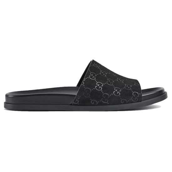 Gucci Black Gg Suede Slide Sandals Side Profile Profile view of black Gucci slide sandals showing suede strap