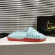 Christian Louboutin Blue and Red Mules with Box Packaging Christian Louboutin blue and red mules positioned beside a branded black box