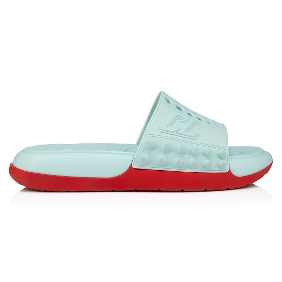 Christian Louboutin Blue and Red Mule Side Profile Christian Louboutin blue and red mule shown from a clean side profile view