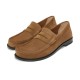 Loewe Men's Suede Penny Loafers In Tan Brown Three-Quarter View Pair of Loewe Men's Suede Penny Loafers In Tan Brown shown at a three-quarter angle