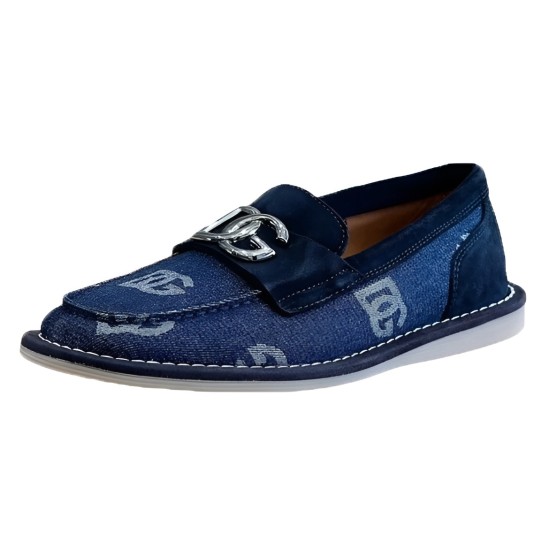Dolce & Gabbana Men's Blue Denim Logo Buckle Loafer Side Angle View Dolce & Gabbana Men's Blue Denim Logo Buckle Loafer - Side Angle