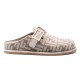 Side profile of Fendi beige jacquard logo slip on slippers Side profile view of the Fendi beige jacquard logo slip on slippers showing the buckle and patterned upper