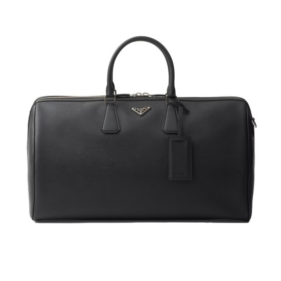 replica TRIANGLE LOGO DUFFLE BAG BLACK LEATHER UK
