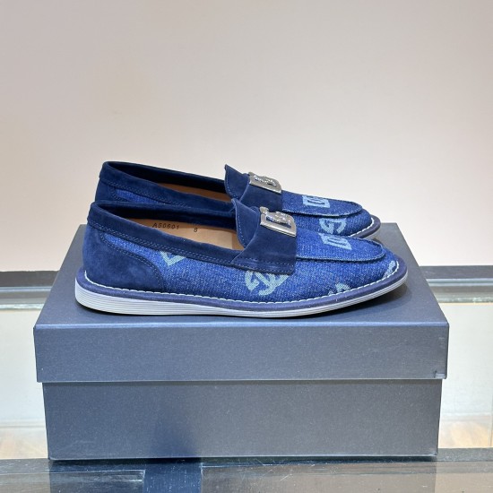 Dolce & Gabbana Men's Blue Denim Logo Buckle Loafers Side Profile on Box Dolce & Gabbana Men's Blue Denim Logo Buckle Loafers - Pair Side View