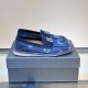 Dolce & Gabbana Men's Blue Denim Logo Buckle Loafers Side Profile on Box Dolce & Gabbana Men's Blue Denim Logo Buckle Loafers - Pair Side View