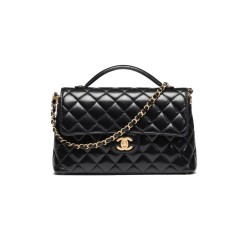 25P TOP HANDLE FLAP BAG SHINY LAMBSKIN BLACK AS5356 UK