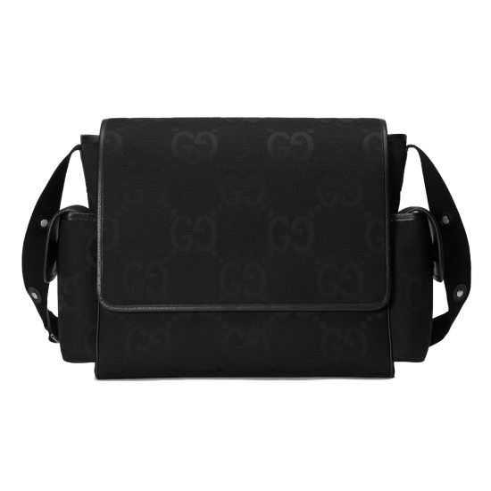 Gucci Men's Men Jumbo Gg Baby Changing Bag In Black Uk front view Men's Front view of the black men monogram canvas baby changing bag with front flap