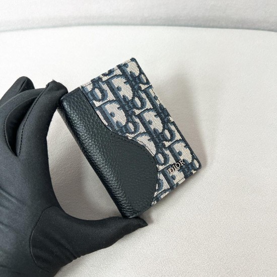 replica SADDLE BI-FOLD CARD HOLDER BLACK GRAINED CALFSKIN LEATHER MARQUETRY WITH BEIGE AND BLACK OBLIQUE JACQUARD UK