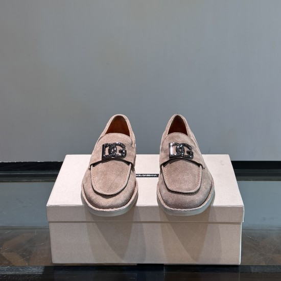 Dolce & Gabbana Men's Brown Suede Hardware Plaque Loafers front view showing metallic plaque detail