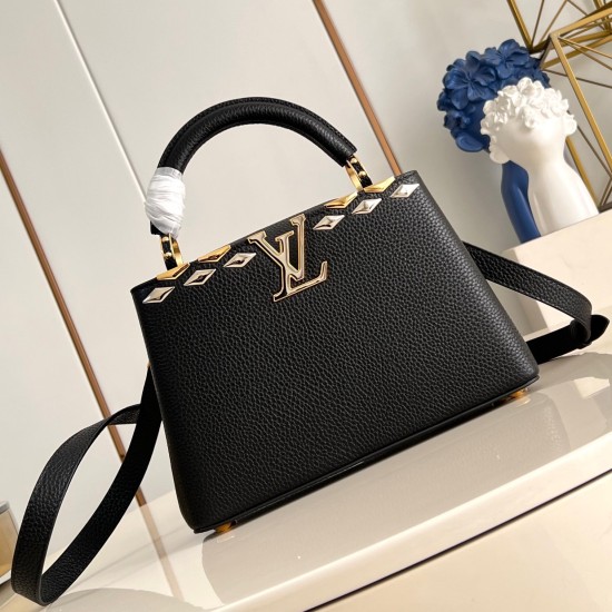 replica CAPUCINES MM HANDBAG BLACK TAURILLON LEATHER M12135 UK