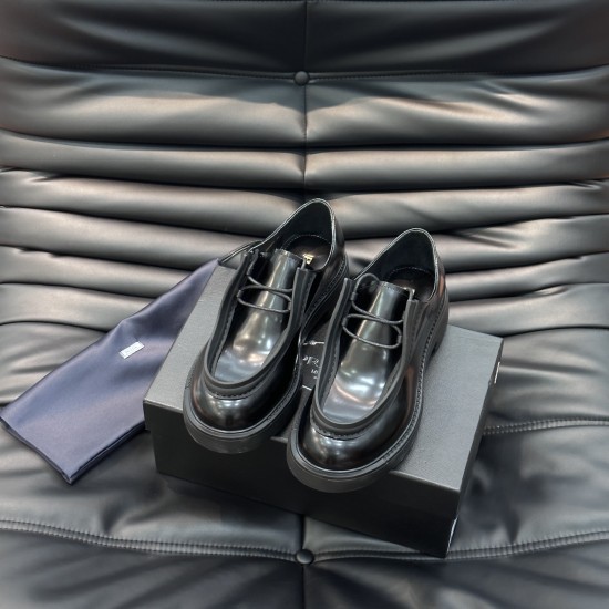 Front overhead view of black Prada Men's Diapason Opaque Brushed Leather Lace-Up Shoes highlighting the lacing