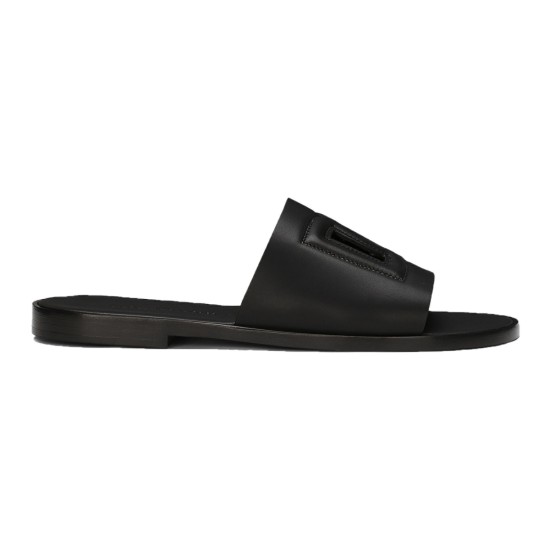 Side profile view of black calfskin slides on a clean white background