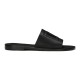 Side profile view of black calfskin slides on a clean white background