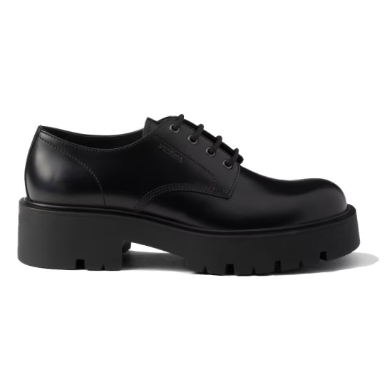 Prada Men's Brushed Leather Derby Shoes in black side profile view Side profile of Prada Men's Brushed Leather Derby Shoes in black displaying the chunky platform sole