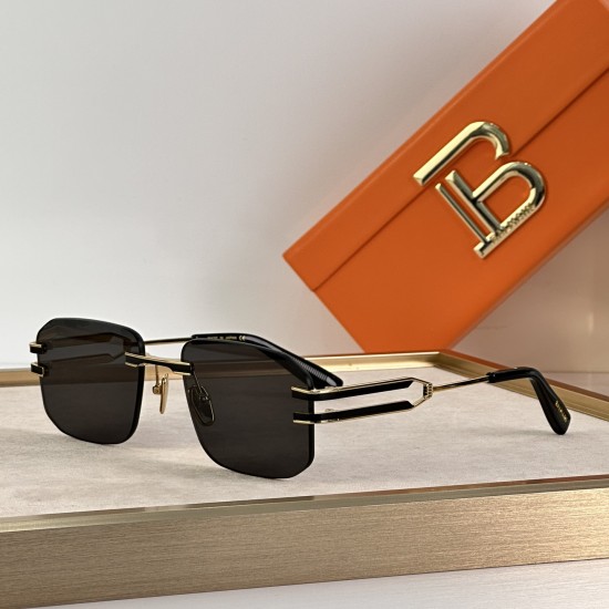 Balmain Men's Sunglasses Side View and Case Balmain men's sunglasses side profile view highlighting the detailed temple design and orange box