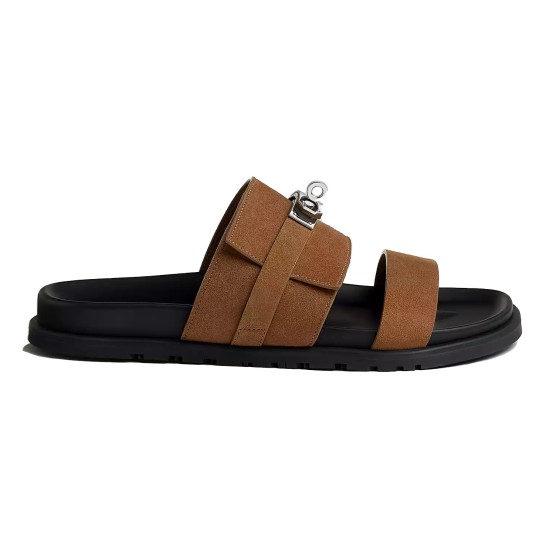 Hermes Jackson Brown Suede Sandal Side Profile in brown and silver Profile view of Hermes Jackson brown suede double strap sandal with silver hardware