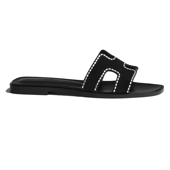 Hermes Oran Black Suede Flat Sandal Lateral View Side profile of the black suede flat sandal showing the crystal-trimmed strap and low heel