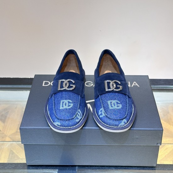 Dolce & Gabbana Men's Blue Denim Logo Buckle Loafers Front Angle View Dolce & Gabbana Men's Blue Denim Logo Buckle Loafers - Front View
