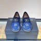 Dolce & Gabbana Men's Blue Denim Logo Buckle Loafers Front Angle View Dolce & Gabbana Men's Blue Denim Logo Buckle Loafers - Front View