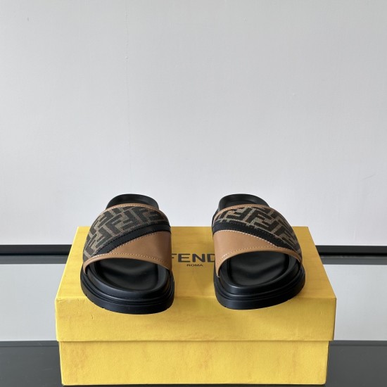 Fendi Diagonal Padded Slides In Brown - Front Angle in brown and black Frontal view of Fendi brown and black diagonal slides displaying the wide dual-tone straps