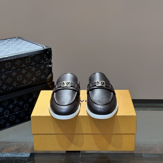 Front toe view of L Men's Estate Open Back Leather Loafers in black showing silver hardware in black and white