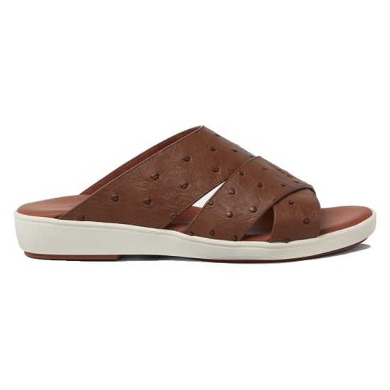 Loro Piana tabac brown ostrich leather slide sandal viewed from the lateral side