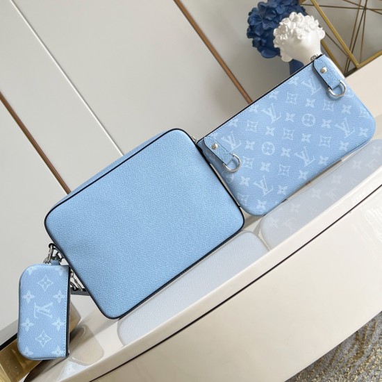 Replica Trio Messenger Bag Sky Blue Monogram Canvas Taiga Cowhide Leather M14069 Uk