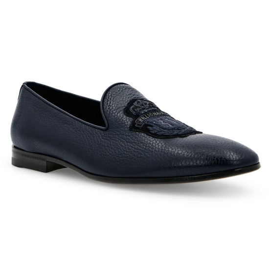 Billionaire Men's Blue Crest Leather Loafers side view showing dark blue textured leather and crest design
