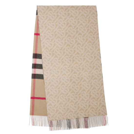 replica SCARF REVERSIBLE CHECK AND MONOGRAM CASHMERE IN ALABASTER UK