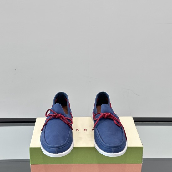 Front view of Marni Men's Blue Nubuck Boat Shoes showcasing toe shape and red laces