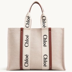 Top Quality Imitation Chloe Large Woody Tote Bag In Canvas With Brown Leather Strips Uk