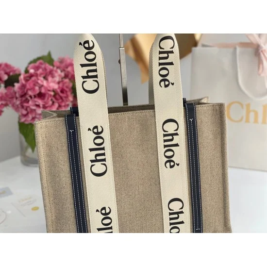 Replica Chloé 5728 dlz1757524888505 Buddha Luxury Replica Faux Chloe Woody Medium Tote Bag In Linen Canvas With Navy Blue Leather Uk - 5728 - Buddha Luxury