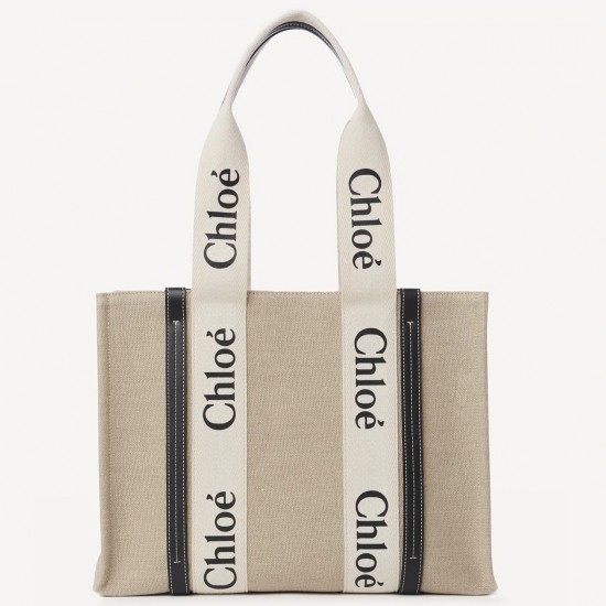 Replica Chloé 5728 dlz1757524888505 Buddha Luxury Replica Faux Chloe Woody Medium Tote Bag In Linen Canvas With Navy Blue Leather Uk - 5728 - Buddha Luxury