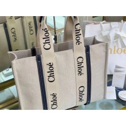 Top Quality Chloe Large Woody Tote Bag In Canvas With Blue Leather Strips Uk