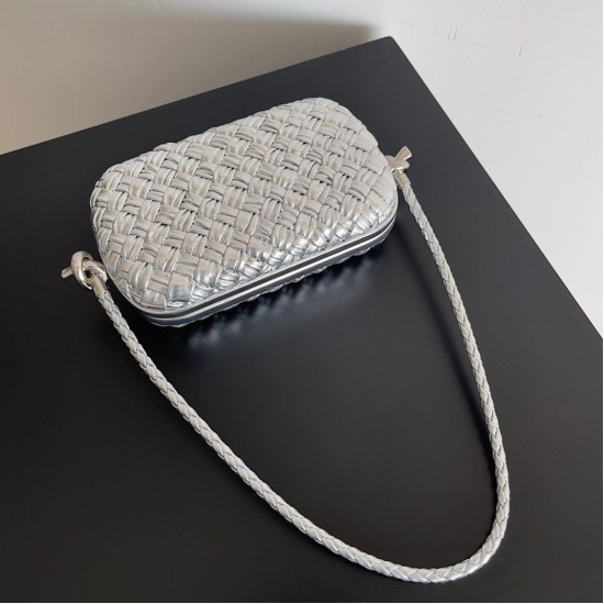 replica Bottega Veneta Knot Minaudiere On Strap Silver Intreccio Laminated Leather UK