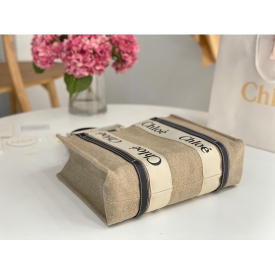 Replica Chloé 5728 dlz1757524888505 Buddha Luxury Replica Faux Chloe Woody Medium Tote Bag In Linen Canvas With Navy Blue Leather Uk - 5728 - Buddha Luxury