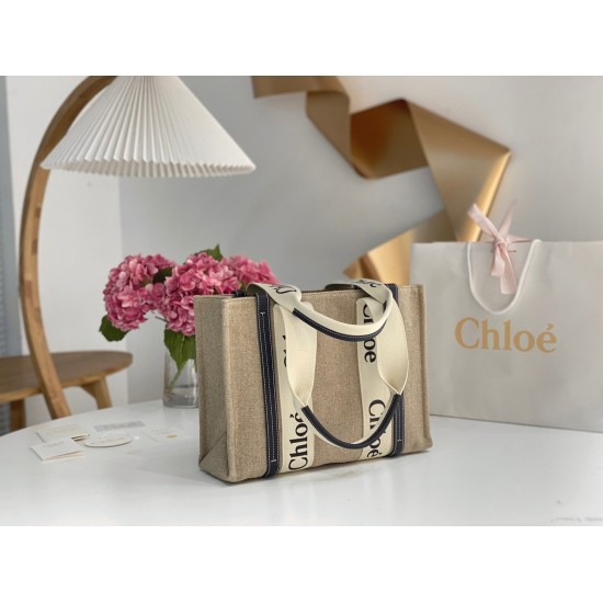 Replica Chloé 5728 dlz1757524888505 Buddha Luxury Replica Faux Chloe Woody Medium Tote Bag In Linen Canvas With Navy Blue Leather Uk - 5728 - Buddha Luxury