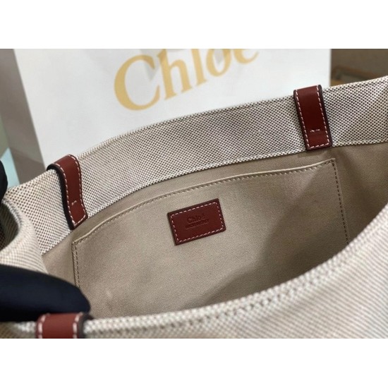 Replica Faux Chloe Medium Woody Tote Bag In Canvas With Brown Leather Strips Uk - 5673 - Buddha Luxury
