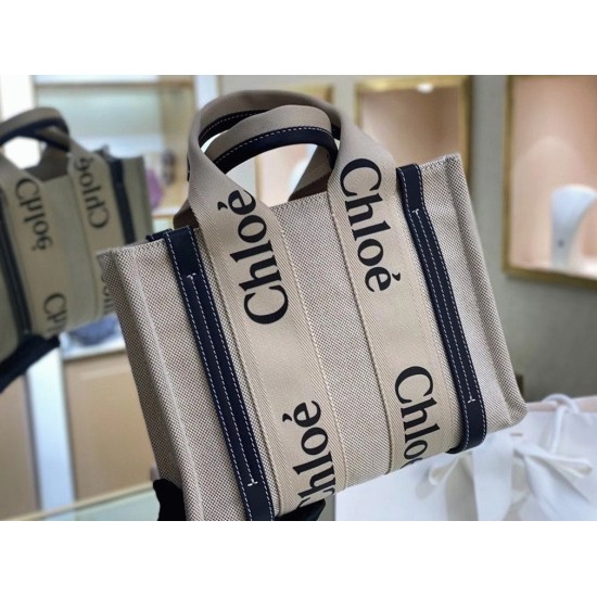 Replica Chloé 5716 dlz1757525385212 Buddha Luxury Replica chloe Small Woody Tote Bag In Canvas With Blue Leather Strips Uk - 5716 - Buddha Luxury