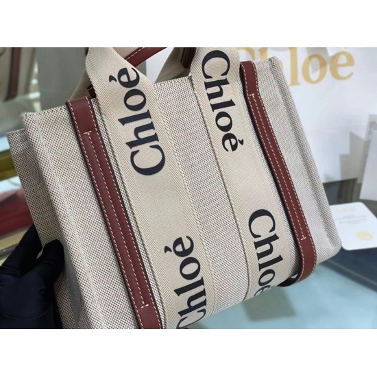 Replica Chloe Small Woody Tote Bag In Canvas With Camel Leather Strips Uk - 5701 - Buddha Luxury