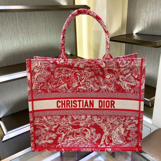 Replica Dior 13352 DFR#7499 Buddha Luxury Replica Large Book Tote Red Toile De Jouy Embroidery Uk - 13352 - Buddha Luxury