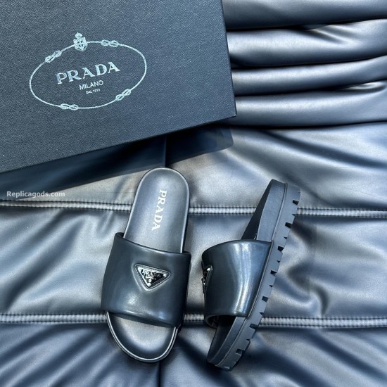 replica LOGO PLAQUE BRUSHED LEATHER SLIDES IN BLACK - PDS17 UK
