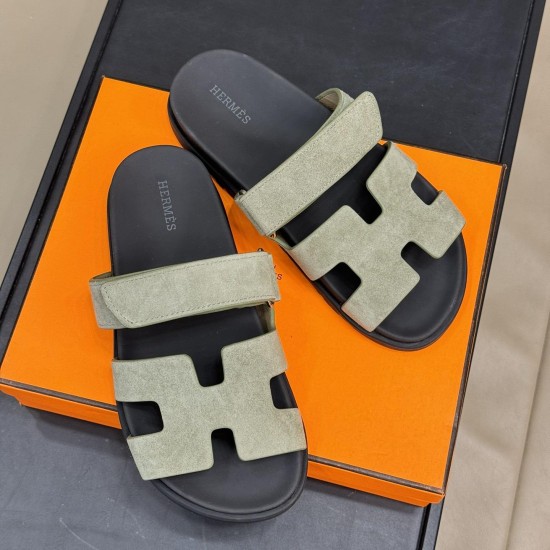 Hermes Chypre Sandals In Green Jade Top-Down View Hermes Chypre Sandals In Green Jade top-down view