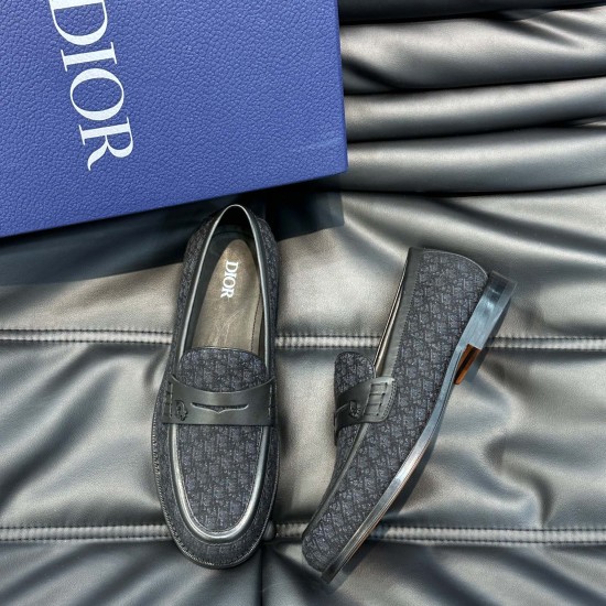 Dior Men's Granville Black Oblique Jacquard Loafers Overhead Angle Top and side view of Dior Men's Granville Black Oblique Jacquard Loafers with branded shoe box