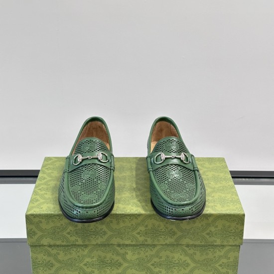 Men's Green Perforated Leather Horsebit 1953 Loafers Front View in green and silver Front view of Men's Green Perforated Leather Horsebit 1953 Loafers highlighting apron toe stitching and horsebit detail in green and silver