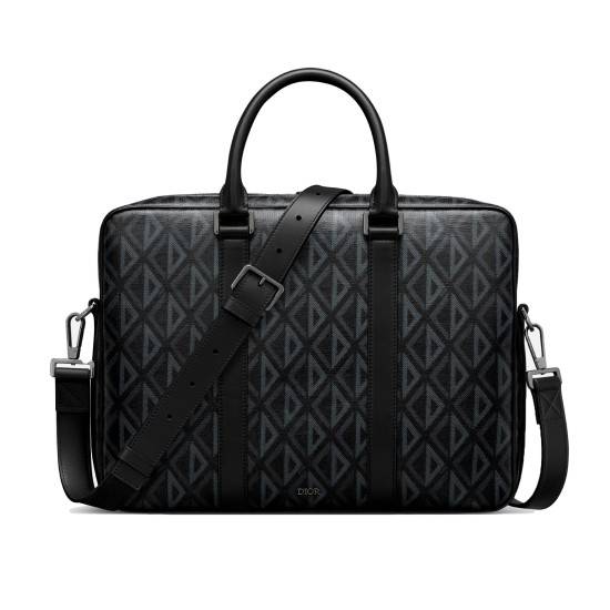 Replica ZIPPED BRIEFCASE BLACK COATED COTTON CANVAS WITH CD DIAMOND PRINT AND BLACK GRAINED CALFSKIN UK replica ZIPPED BRIEFCASE BLACK COATED COTTON CANVAS WITH CD DIAMOND PRINT AND BLACK GRAINED CALFSKIN UK