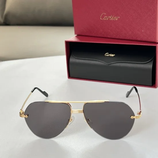 Cartier men's gold metal sunglasses front view with red presentation box and black case