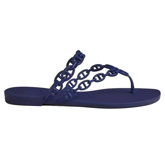 Hermès Island Violet Iris Sandals Side Profile View Side profile view of Hermès Island Violet Iris sandals showcasing the flat sole and arched chain straps